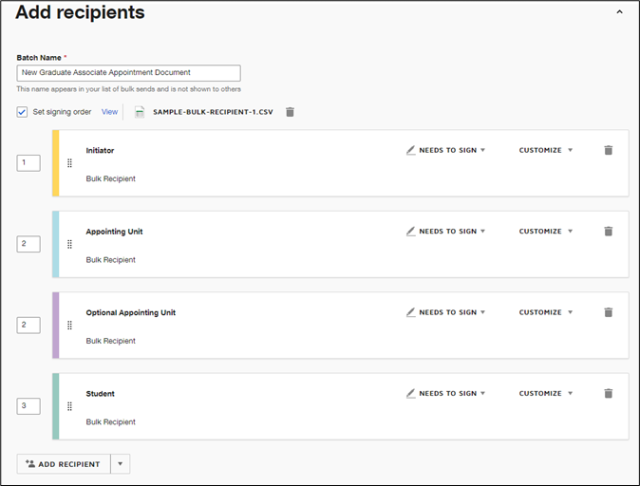 Bulk recipients page . This page lists all of the recipients of the eSignature document that need to view and sign. 