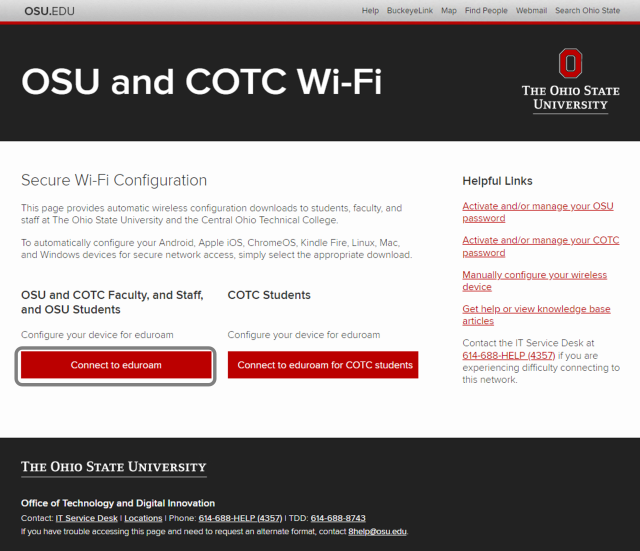 COTC second captive portal page with Connect to eduroam highlighted