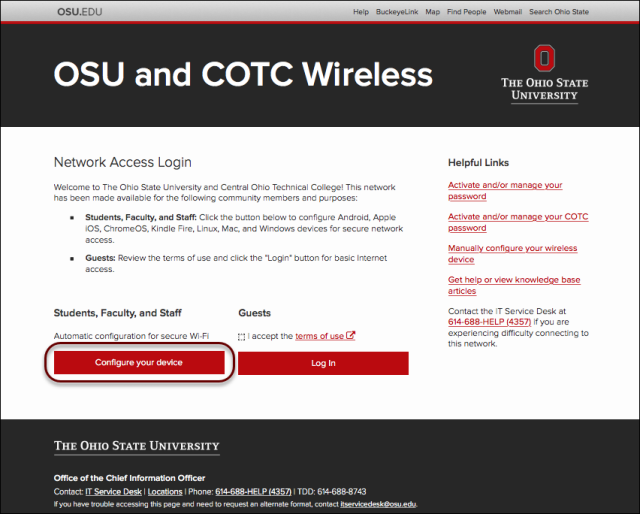 COTC Captive portal first window showing configure your device button highlighted