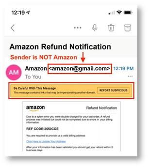 Highlighted from sender email address within a suspicious email message