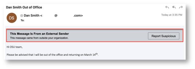 Highlighted This Message is from an External Sender banner in an email with a Report Suspicious button