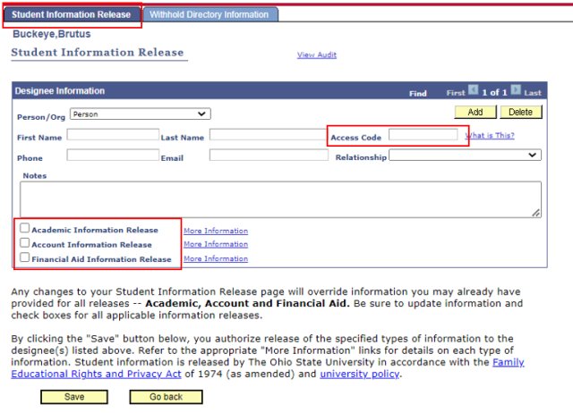 Student Information Release details