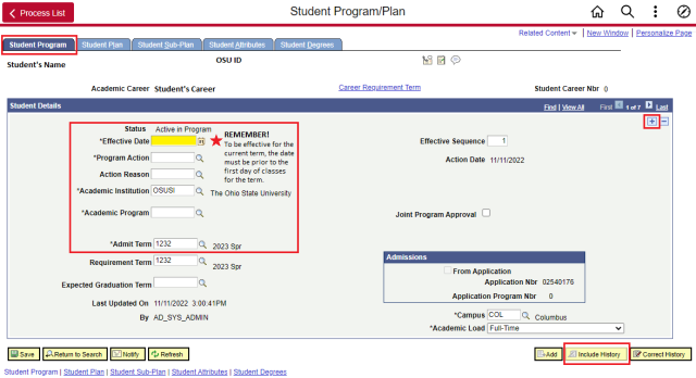 Student program plan program tab screenshot 
