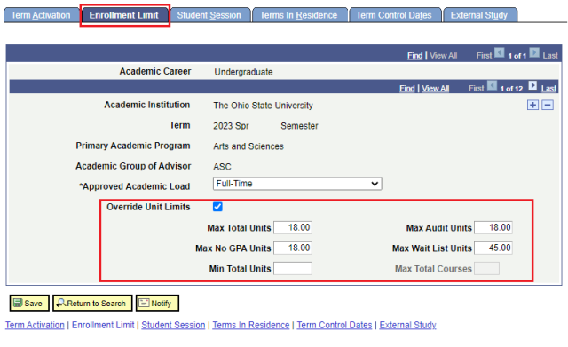 Screenshot of Override Enrollment Limit 