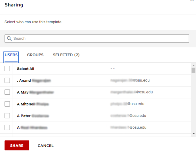 the share users page