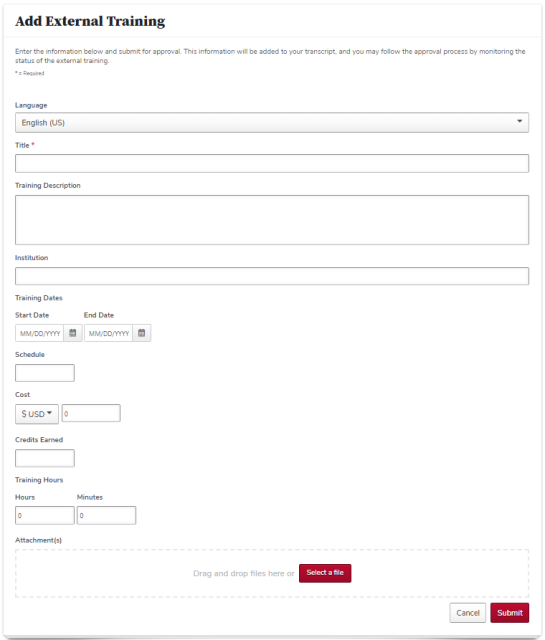 the add external training page