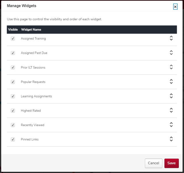 the manage widgets popup