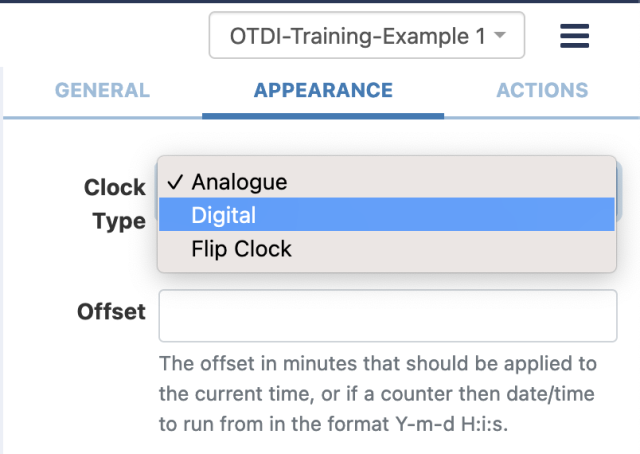 clock widget properties with the clock type open and Digital selected
