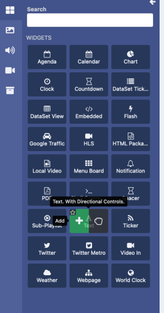 Add widget panel with the Text widget highlighted