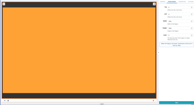 Layout with the region size changed to full screen, it is orange with a black border and an outer orange border
