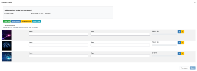 upload media window with the three new files listed