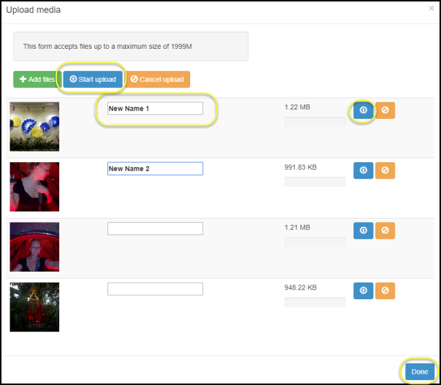 upload media window allowing you to enter a descriptive name for each image