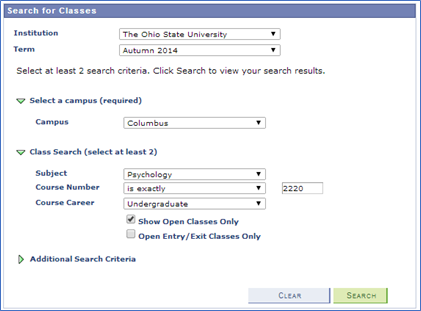 Screen Shot of Search For Classes Tool and search criteria.
