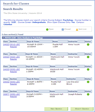  Screen Shot of Search For Classes Tool and search results.