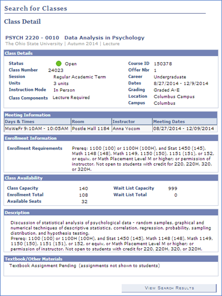 Screen Shot of Search For Classes Tool showing Class Details.