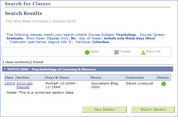 Screen Shot of Search For Classes Tool showing additional search criteria search results.