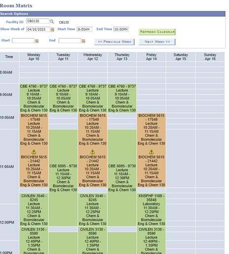 Screenshot of the room matrix for CB0130, week of April 10th, 2023.