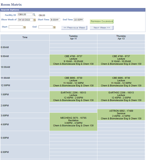 Screenshot of the room matrix for CB0130, but with only Tuesday and Thursday displaying