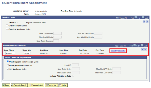 Screenshot of Enrolled Appointments section with a border around the Find Appointment link