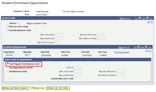 Screenshot of Session Limits screen with a border around the Use Program Term/Session Limit option
