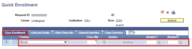 Screenshot of the Class Enrollment tab with a boarder around the fields that must be populated.