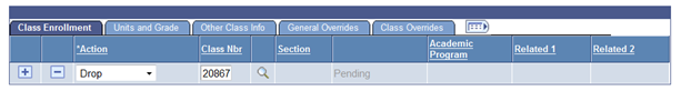 Screenshot of the Class Enrollment tab with Drop selected as the Action.