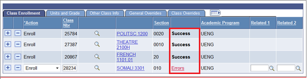 Screenshot of class enrollment tab with a border around the status results.