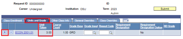 Screenshot of the Units and Grade tab where credits are shown.