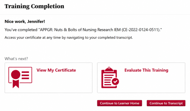 the training completion page
