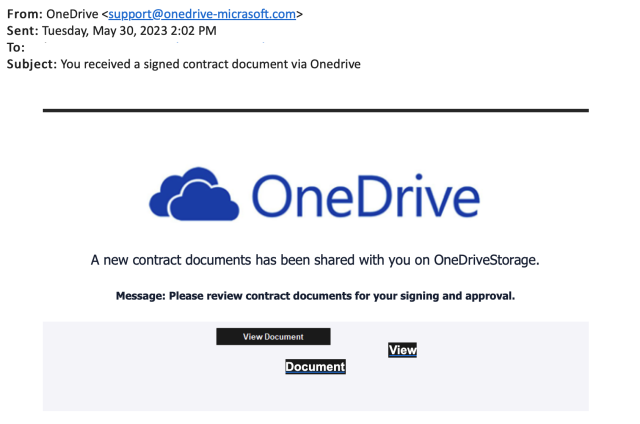 Email from scammer pretending to be sent from OneDrive with large view document text that links to this webpage