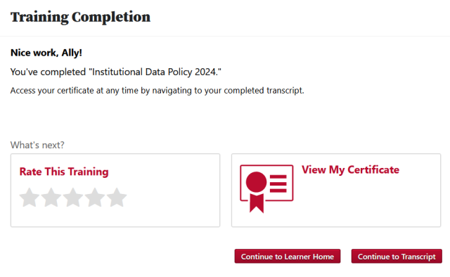 the completion page with the rating box visible
