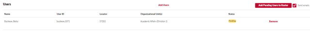 The Session Roster page with the Send emails checkbox and Add Pending Users to Roster button