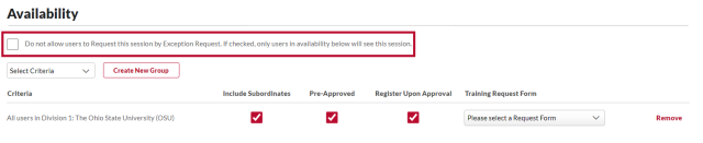 The Availability page with the Do not allow users to Request this session by Exception Request checkbox circled