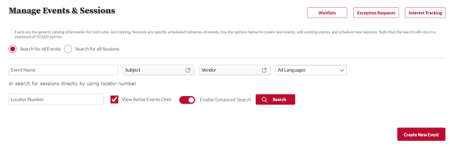 The Manage Events & Sessions page with the Create New Event link circled