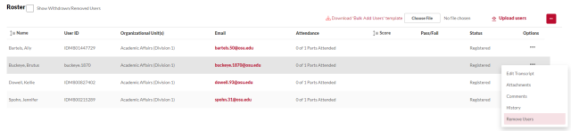 The Session Roster page with the remove user menu item shown