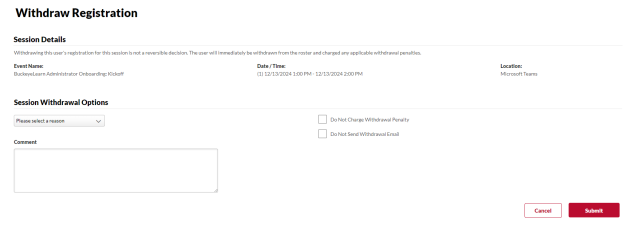 The Withdraw Registration page
