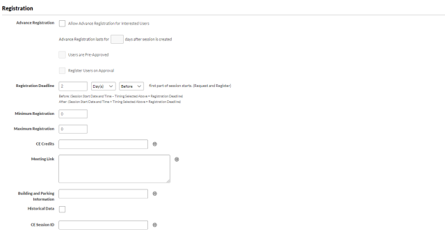 The Registration section of the Session Defaults page