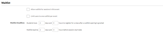 The Waitlist section of the Session Defaults page