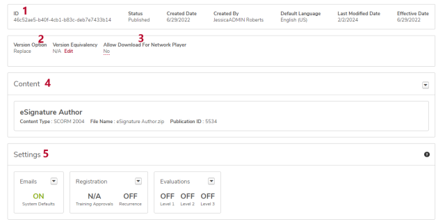 the course console with parts of the essential data, content, and settings sections numbered to match the text