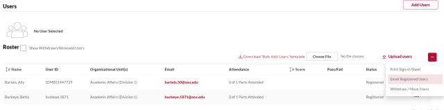 the email registered users menu item highlighted