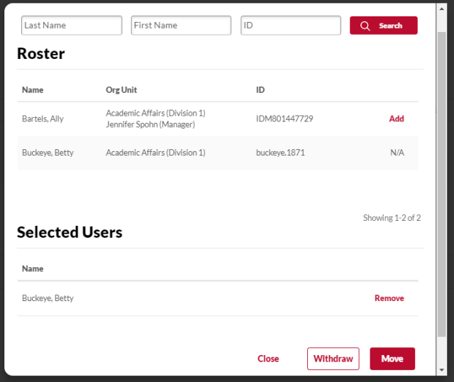 the select users page