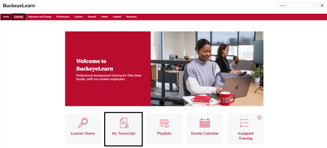 the BuckeyeLearn homepage with the my transcripts button and the Learning menu circled