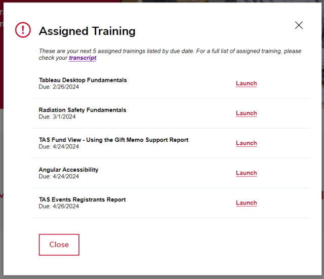 the assigned training pop-up