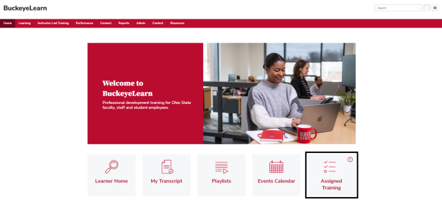 the BuckeyeLearn homepage with the assigned training button circled