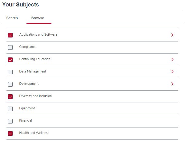 the your subjects browse page with several subjects checked