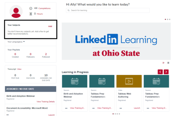Learner home with the your subjects box circled