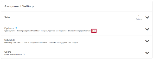 the assignment settings section with the edit link in the options section circled
