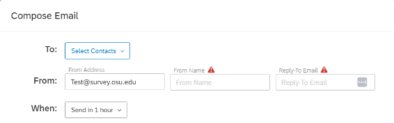 A screenshot of the qualtrics page to show the "from" distribution address