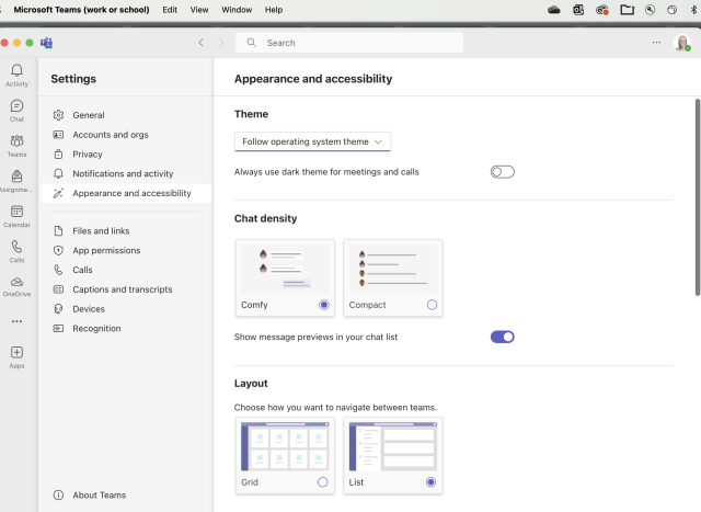 Appearance and Accessibility edit screen under Settings within the Teams app