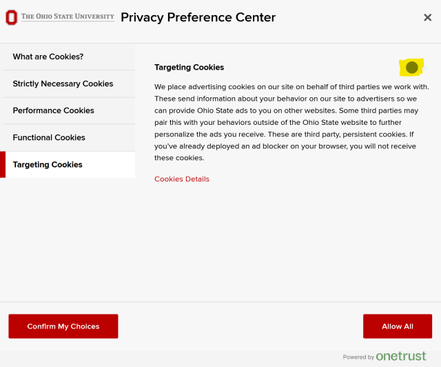 Toggle button next to Targeting Cookies within the Privacy Preference Center window